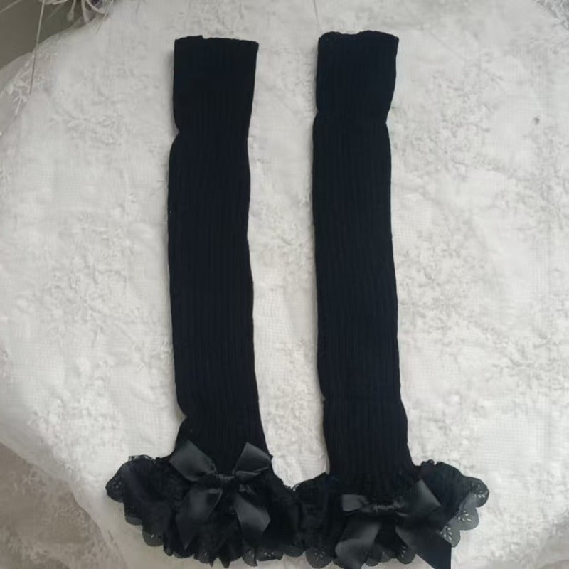 Sweet White Double Lace Mid-Calf Leg Warmers Lolita Winter Socks BY9221