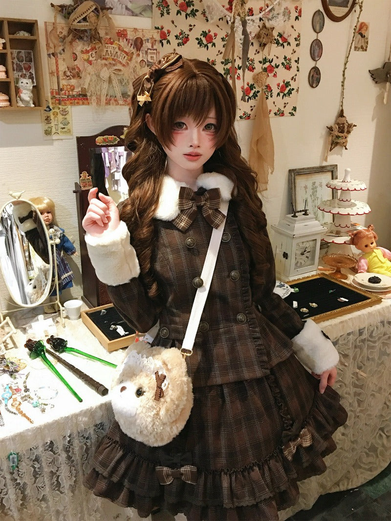 Vintage Chocolate Sweet Dream Lolita Winter  Plaid Dress Set BY1012