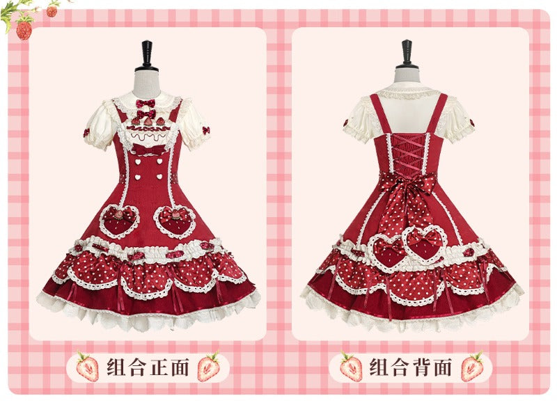 Pre-order  Cream Berry Party Strawberry Polka Dot JSK BY1029