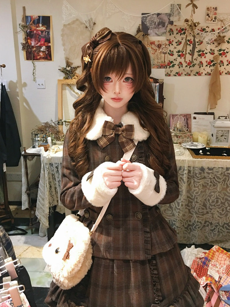 Vintage Chocolate Sweet Dream Lolita Winter  Plaid Dress Set BY1012