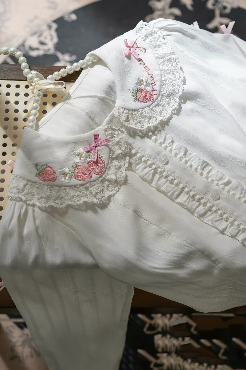 Cute Bow Strawberry Embroidery Blouse BY1131