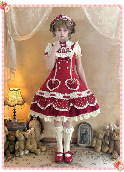 Pre-order  Cream Berry Party Strawberry Polka Dot JSK BY1029