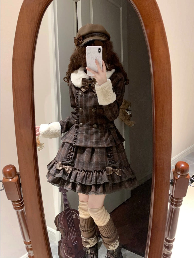 Vintage Chocolate Sweet Dream Lolita Winter  Plaid Dress Set BY1012