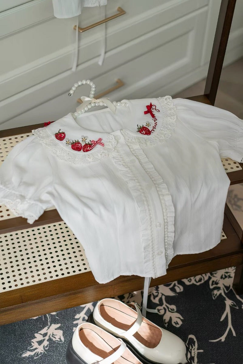 Cute Bow Strawberry Embroidery Blouse BY1131