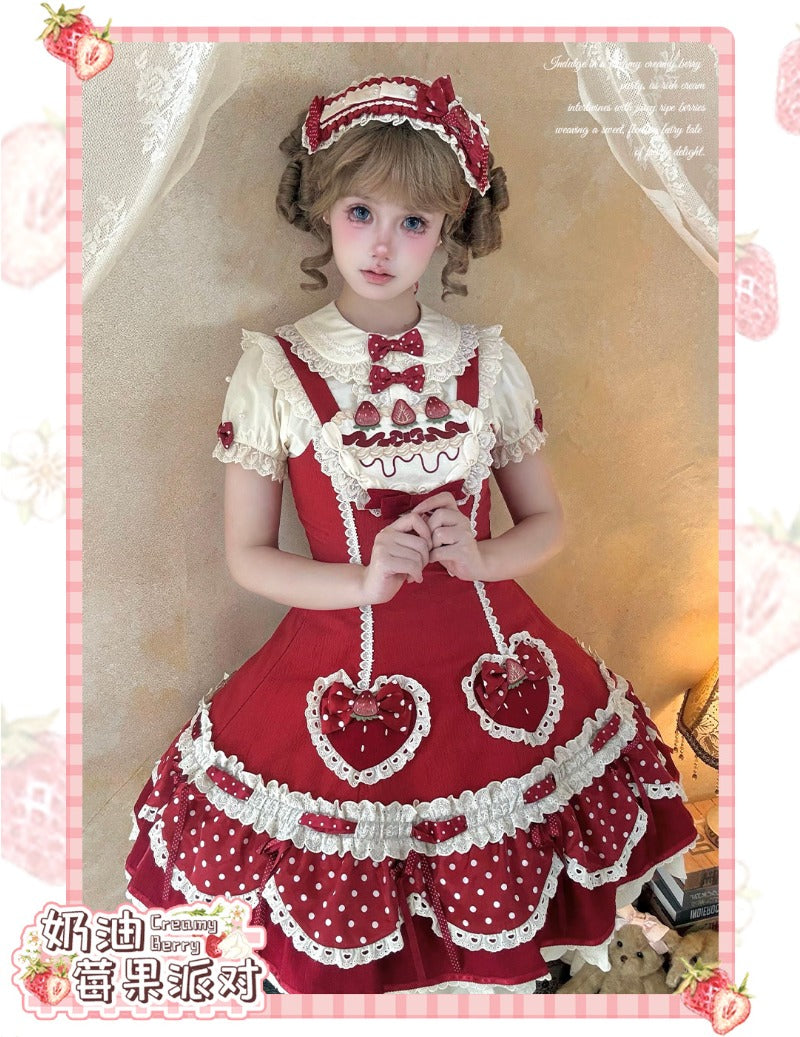 Pre-order  Cream Berry Party Strawberry Polka Dot JSK BY1029