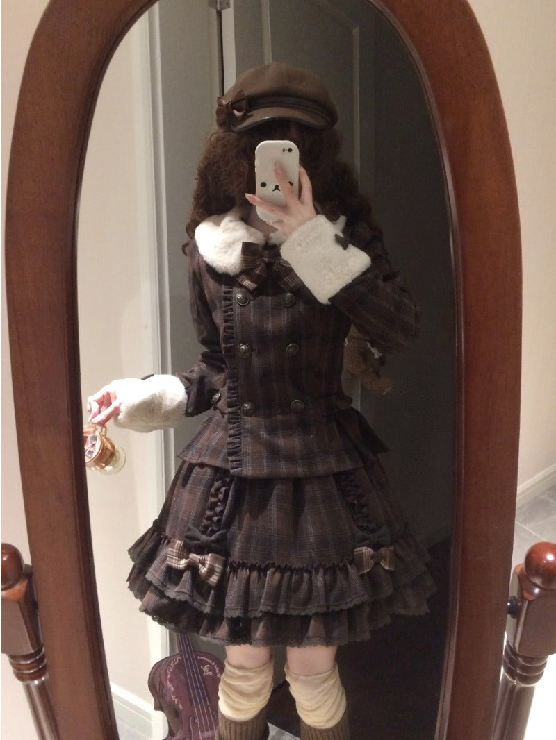 Vintage Chocolate Sweet Dream Lolita Winter  Plaid Dress Set BY1012