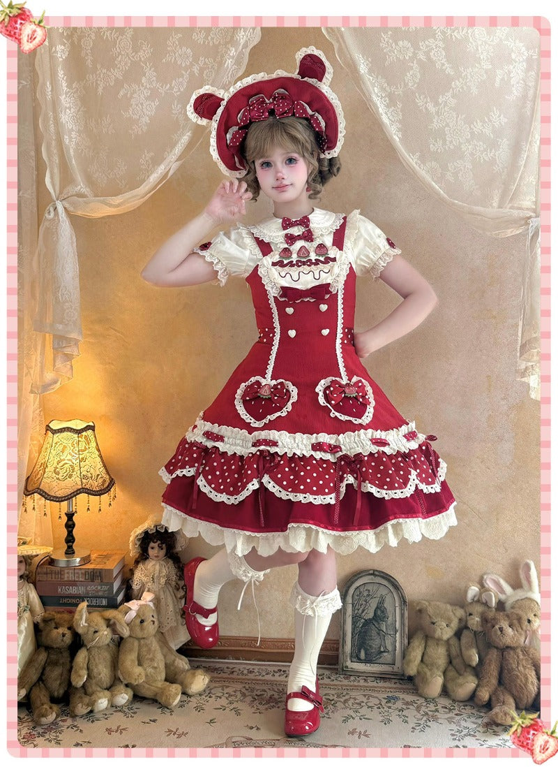 Pre-order  Cream Berry Party Strawberry Polka Dot JSK BY1029