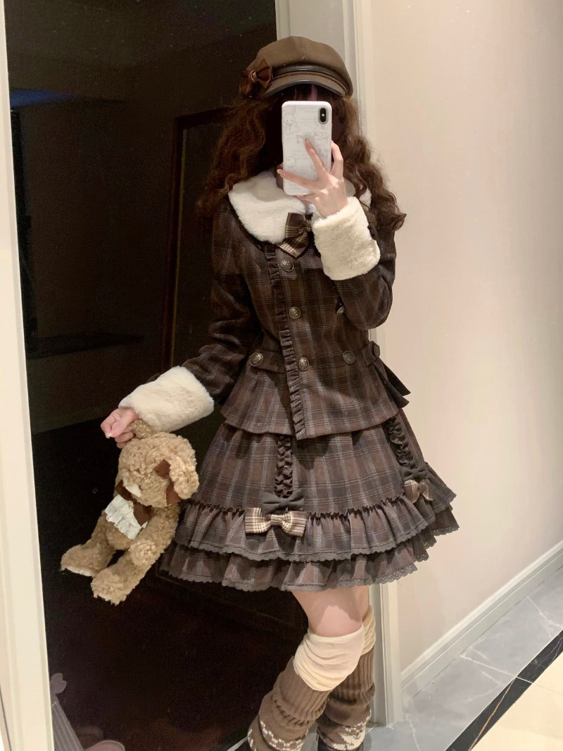 Vintage Chocolate Sweet Dream Lolita Winter  Plaid Dress Set BY1012