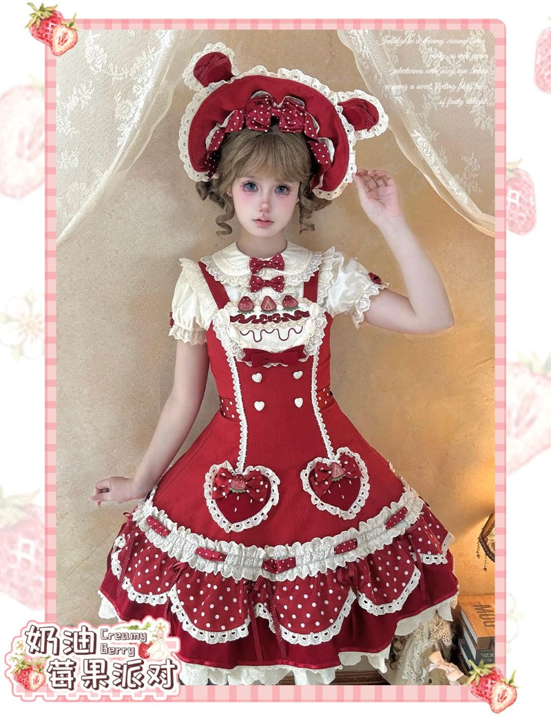 Pre-order  Cream Berry Party Strawberry Polka Dot JSK BY1029