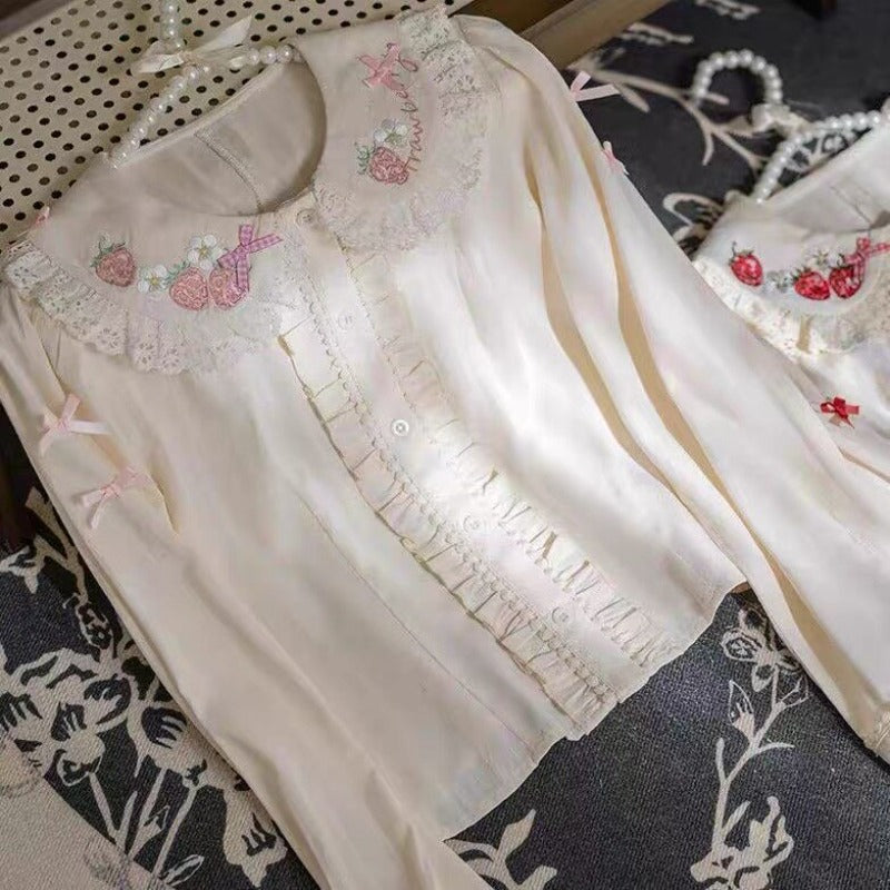 Cute Bow Strawberry Embroidery Blouse BY1131
