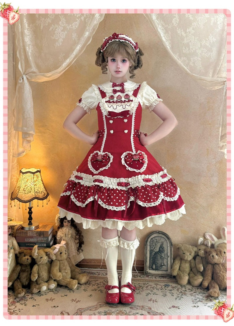 Pre-order  Cream Berry Party Strawberry Polka Dot JSK BY1029