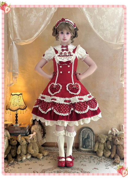 Pre-order  Cream Berry Party Strawberry Polka Dot JSK BY1029