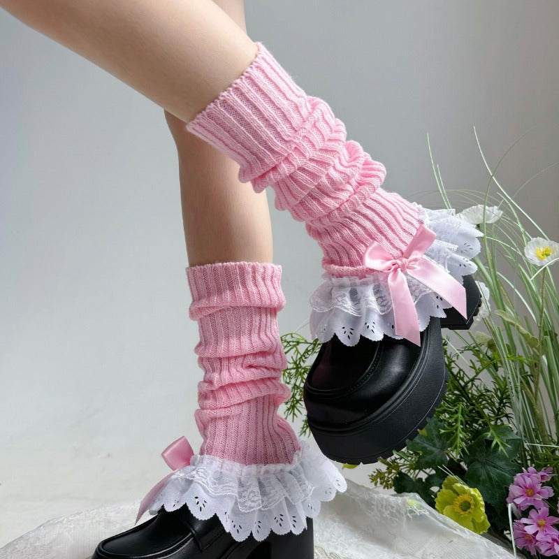 Sweet White Double Lace Mid-Calf Leg Warmers Lolita Winter Socks BY9221