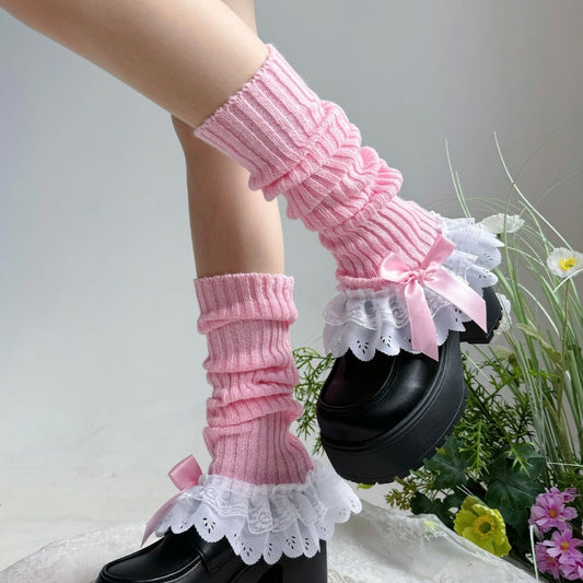 Sweet White Double Lace Mid-Calf Leg Warmers Lolita Winter Socks BY9221