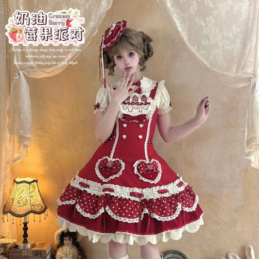 Pre-order  Cream Berry Party Strawberry Polka Dot JSK BY1029