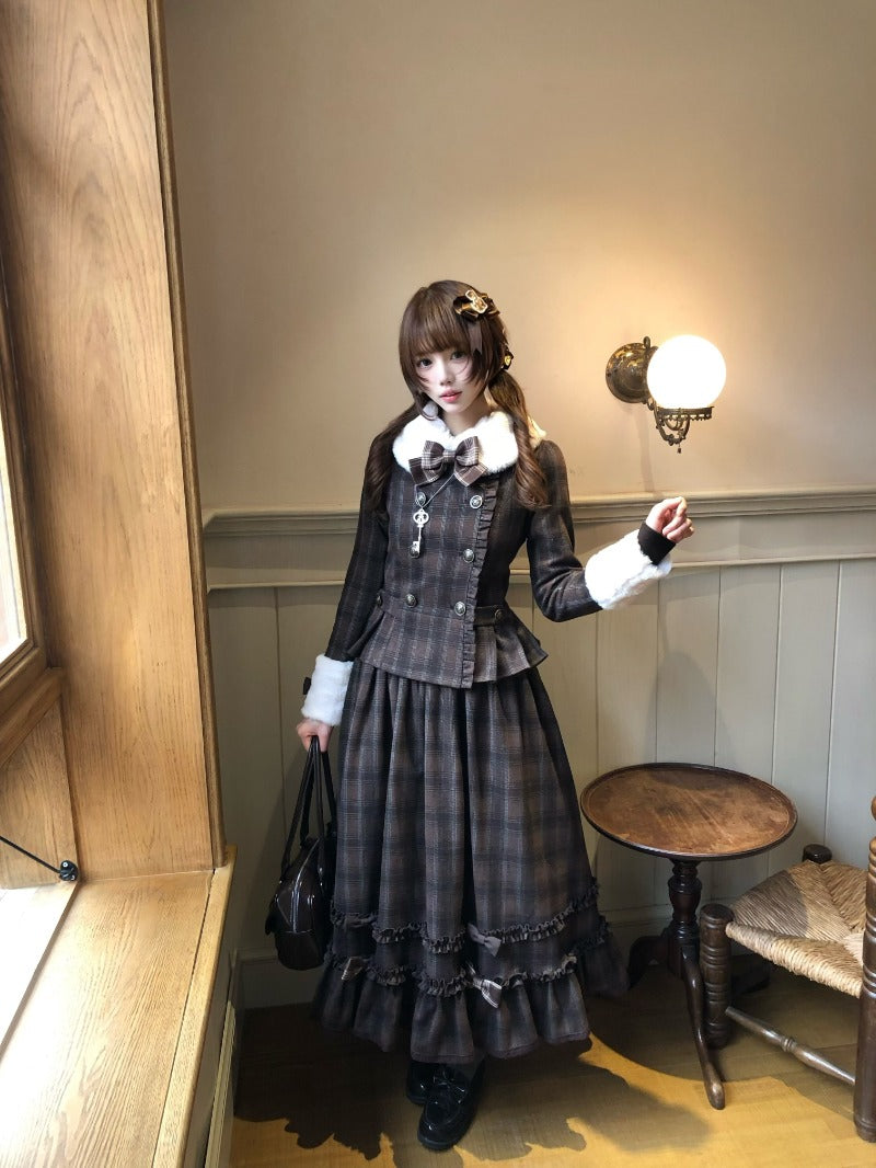 Vintage Chocolate Sweet Dream Lolita Winter  Plaid Dress Set BY1012
