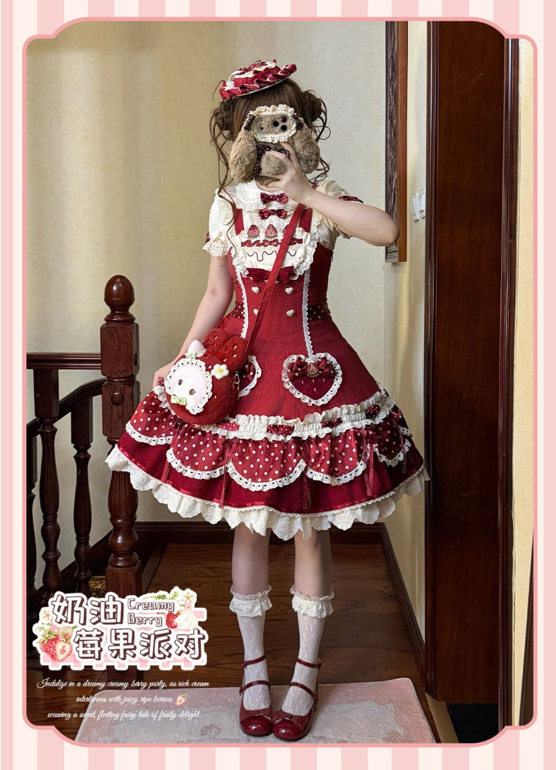 Pre-order  Cream Berry Party Strawberry Polka Dot JSK BY1029