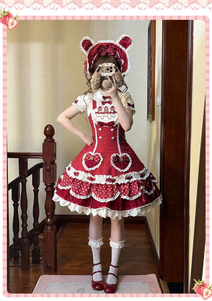 Pre-order  Cream Berry Party Strawberry Polka Dot JSK BY1029