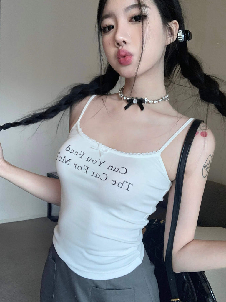 "Can you feed me the cat for me" Sweet Spicy Girl White Letter Print Top BY9201