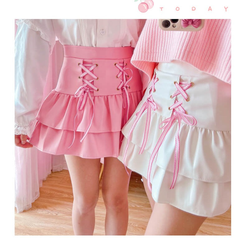 2023 New Japanese Cute PU Leather Skirt High Waist Strap Short Skirt BY9153