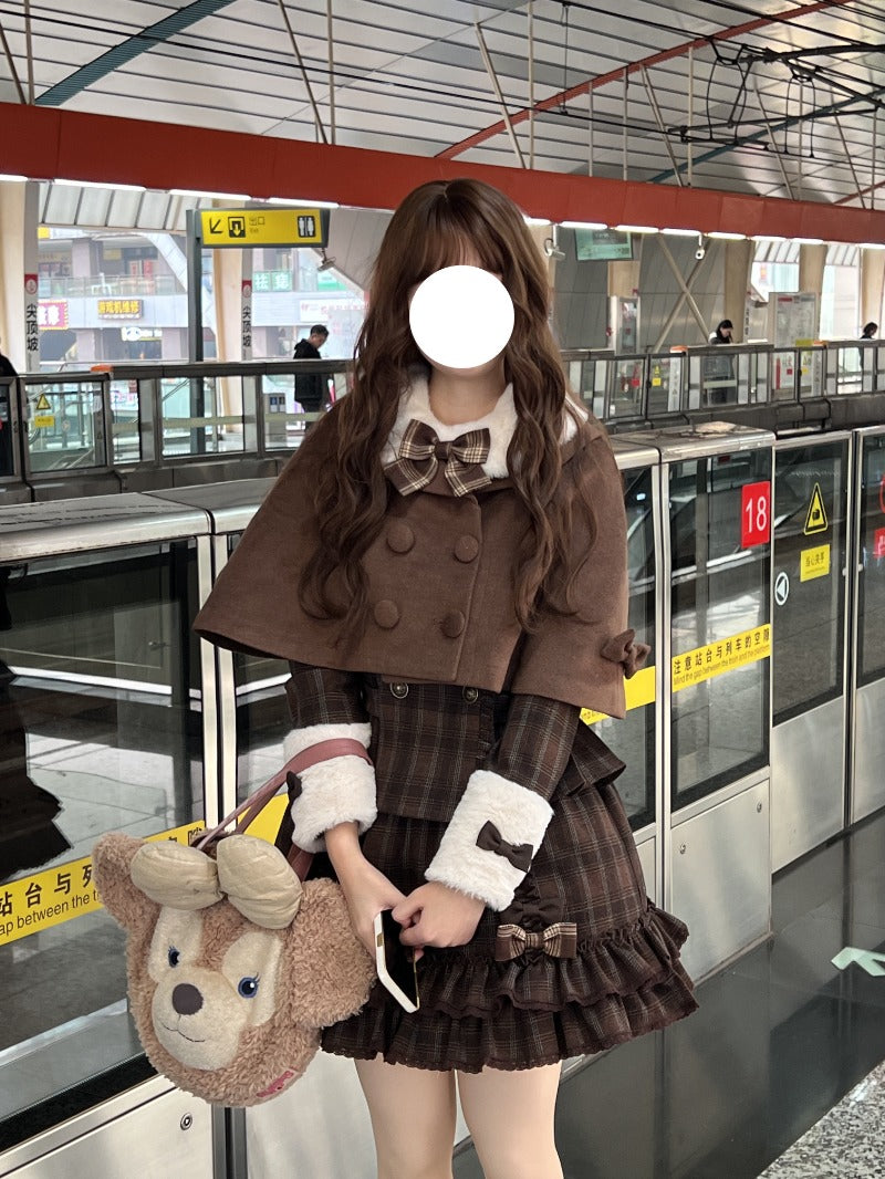 Vintage Chocolate Sweet Dream Lolita Winter  Plaid Dress Set BY1012