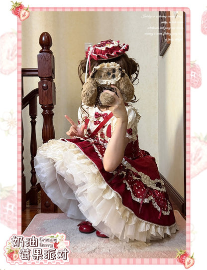 Pre-order  Cream Berry Party Strawberry Polka Dot JSK BY1029