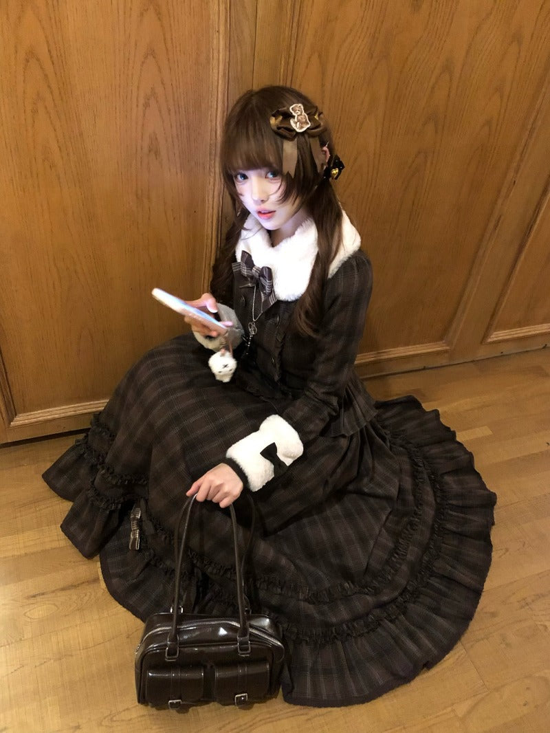 Vintage Chocolate Sweet Dream Lolita Winter  Plaid Dress Set BY1012