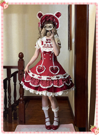 Pre-order  Cream Berry Party Strawberry Polka Dot JSK BY1029