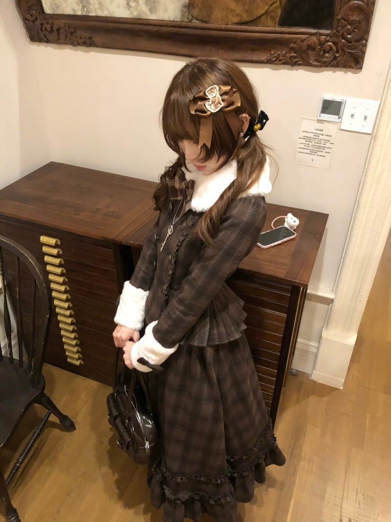 Vintage Chocolate Sweet Dream Lolita Winter  Plaid Dress Set BY1012