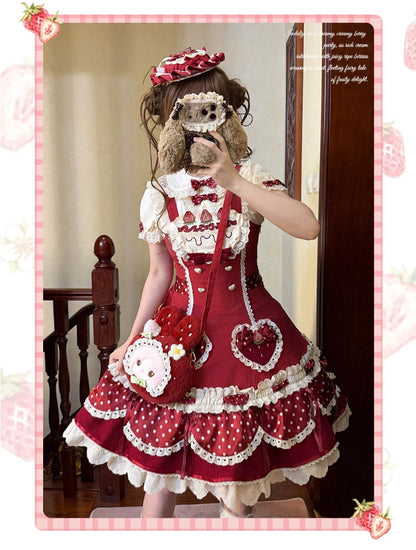 Pre-order  Cream Berry Party Strawberry Polka Dot JSK BY1029
