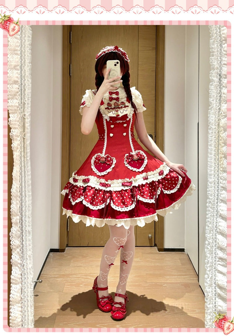 Pre-order  Cream Berry Party Strawberry Polka Dot JSK BY1029