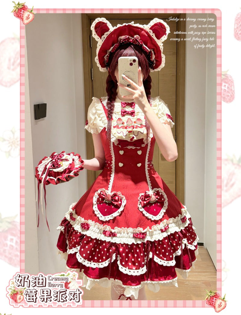 Pre-order  Cream Berry Party Strawberry Polka Dot JSK BY1029