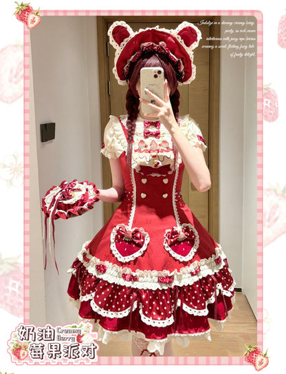 Pre-order  Cream Berry Party Strawberry Polka Dot JSK BY1029