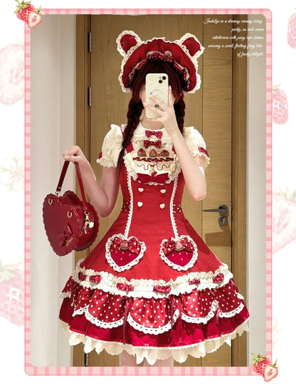 Pre-order  Cream Berry Party Strawberry Polka Dot JSK BY1029