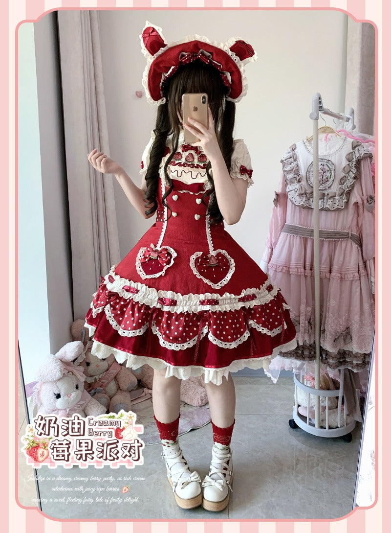 Pre-order  Cream Berry Party Strawberry Polka Dot JSK BY1029