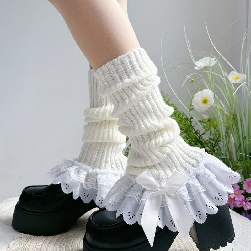 Sweet White Double Lace Mid-Calf Leg Warmers Lolita Winter Socks BY9221