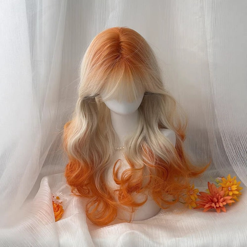 【Autumn Afterglow】White Orange Gradient Large Wavy Long  Wig BY9225