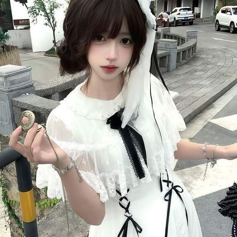 White Waist Cinched Lolita Sweet Daily Tulle Maxi Dress BY9293