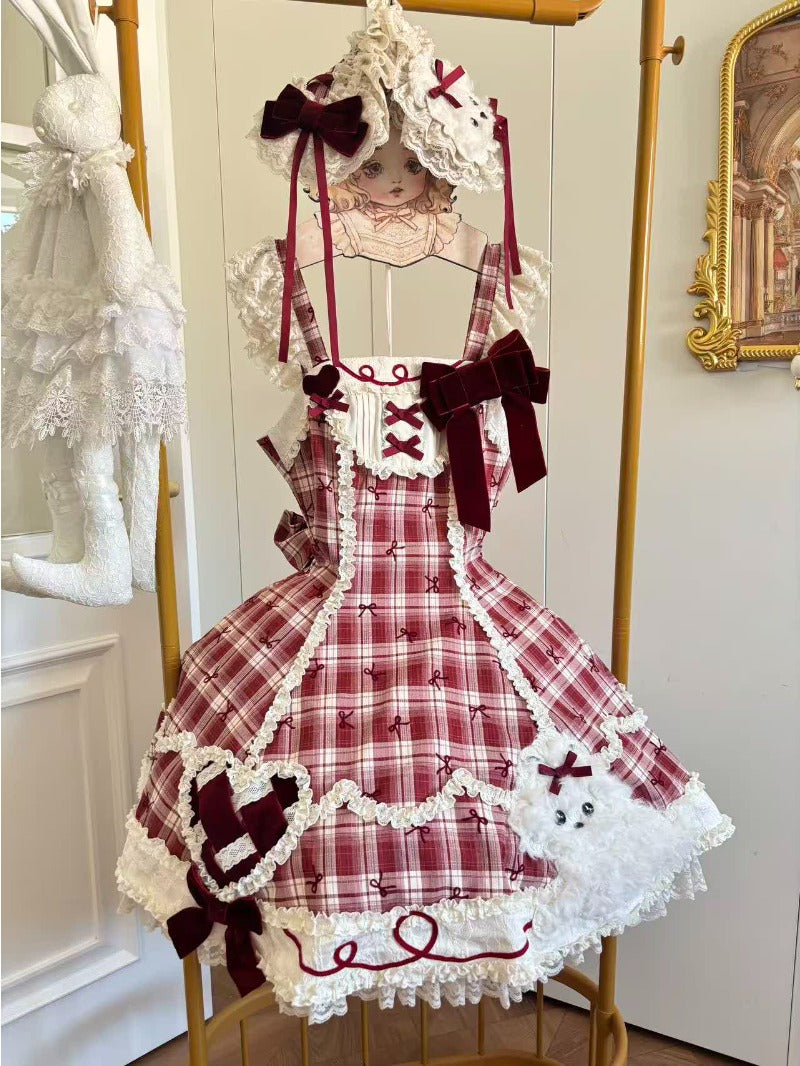 Red Plaid Lolita Patchwork Puppy Applique JSK Dress includes headband BY1092