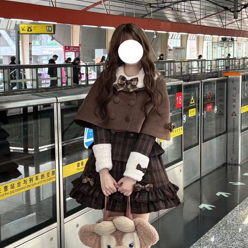 Vintage Chocolate Sweet Dream Lolita Winter  Plaid Dress Set BY1012