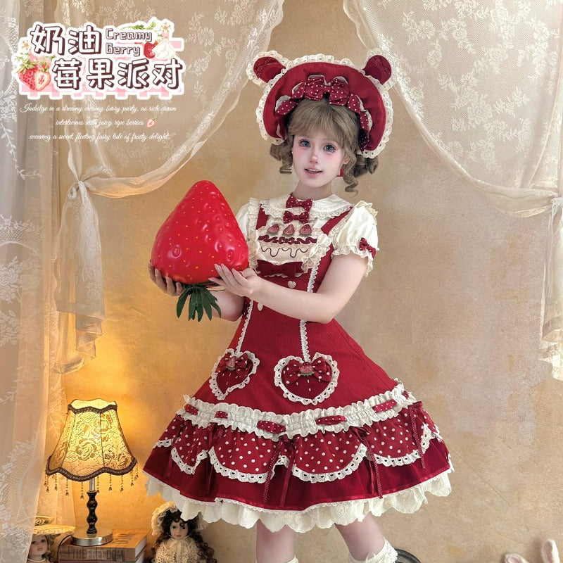 Pre-order  Cream Berry Party Strawberry Polka Dot JSK BY1029