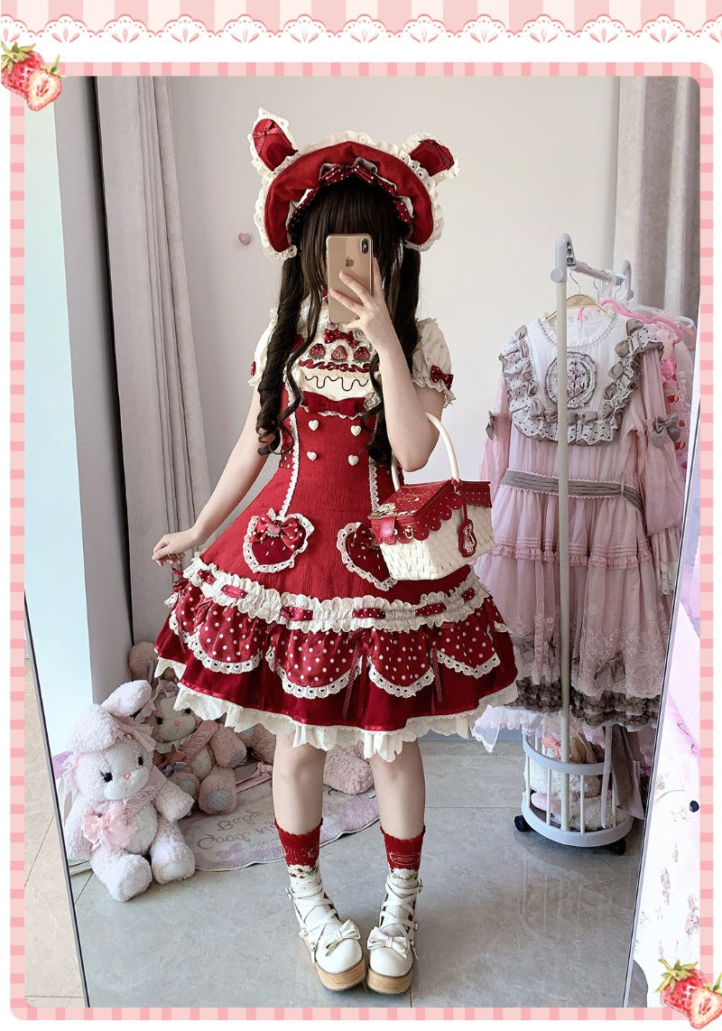 Pre-order  Cream Berry Party Strawberry Polka Dot JSK BY1029