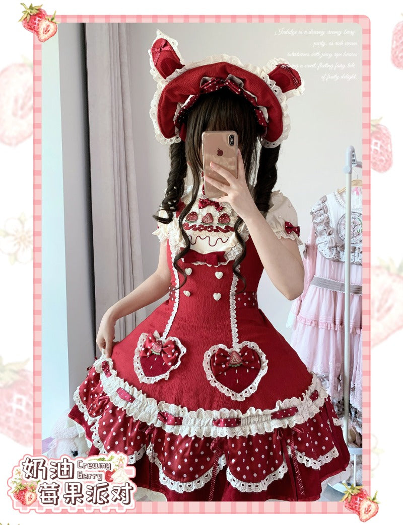 Pre-order  Cream Berry Party Strawberry Polka Dot JSK BY1029