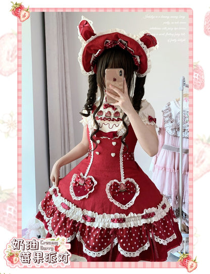 Pre-order  Cream Berry Party Strawberry Polka Dot JSK BY1029