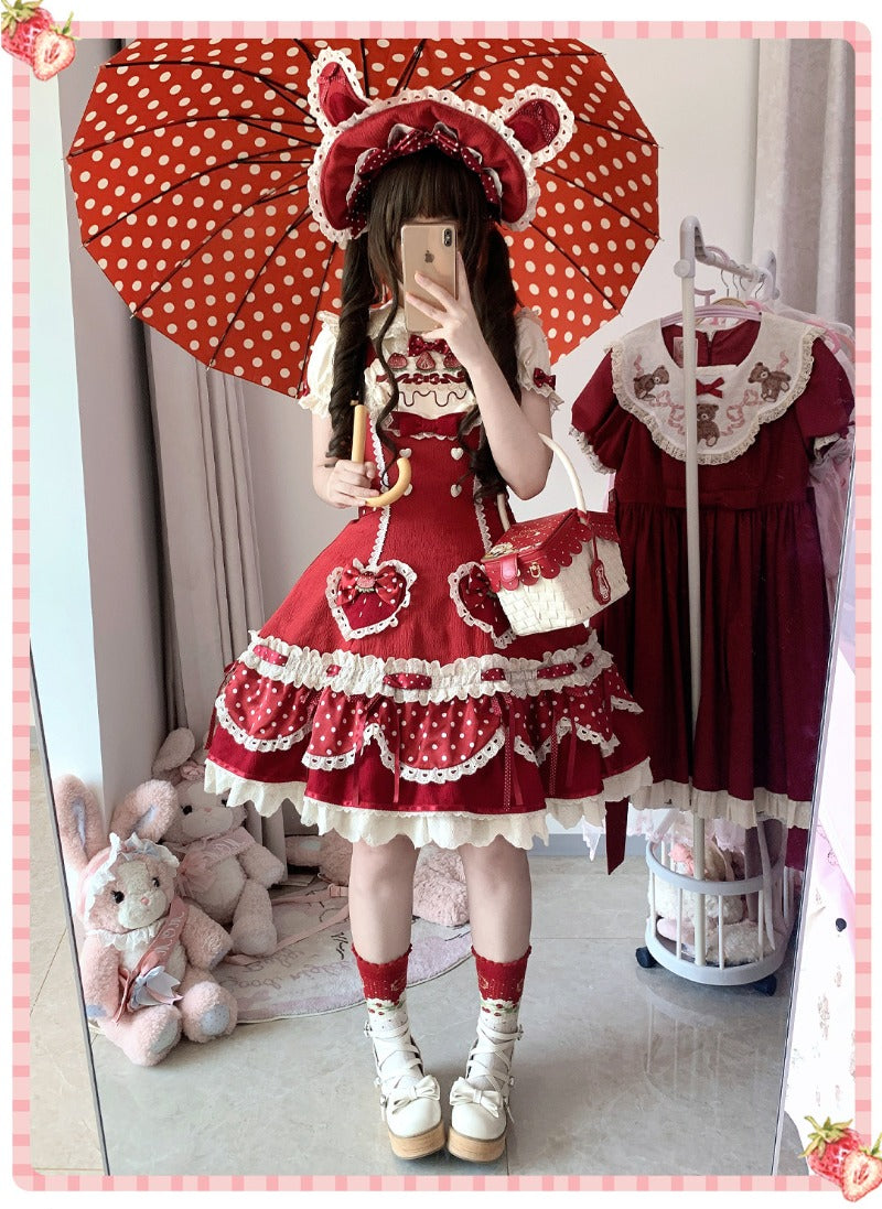 Pre-order  Cream Berry Party Strawberry Polka Dot JSK BY1029