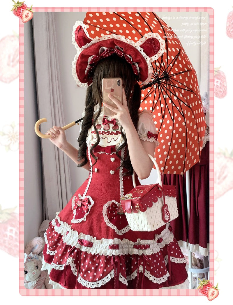 Pre-order  Cream Berry Party Strawberry Polka Dot JSK BY1029