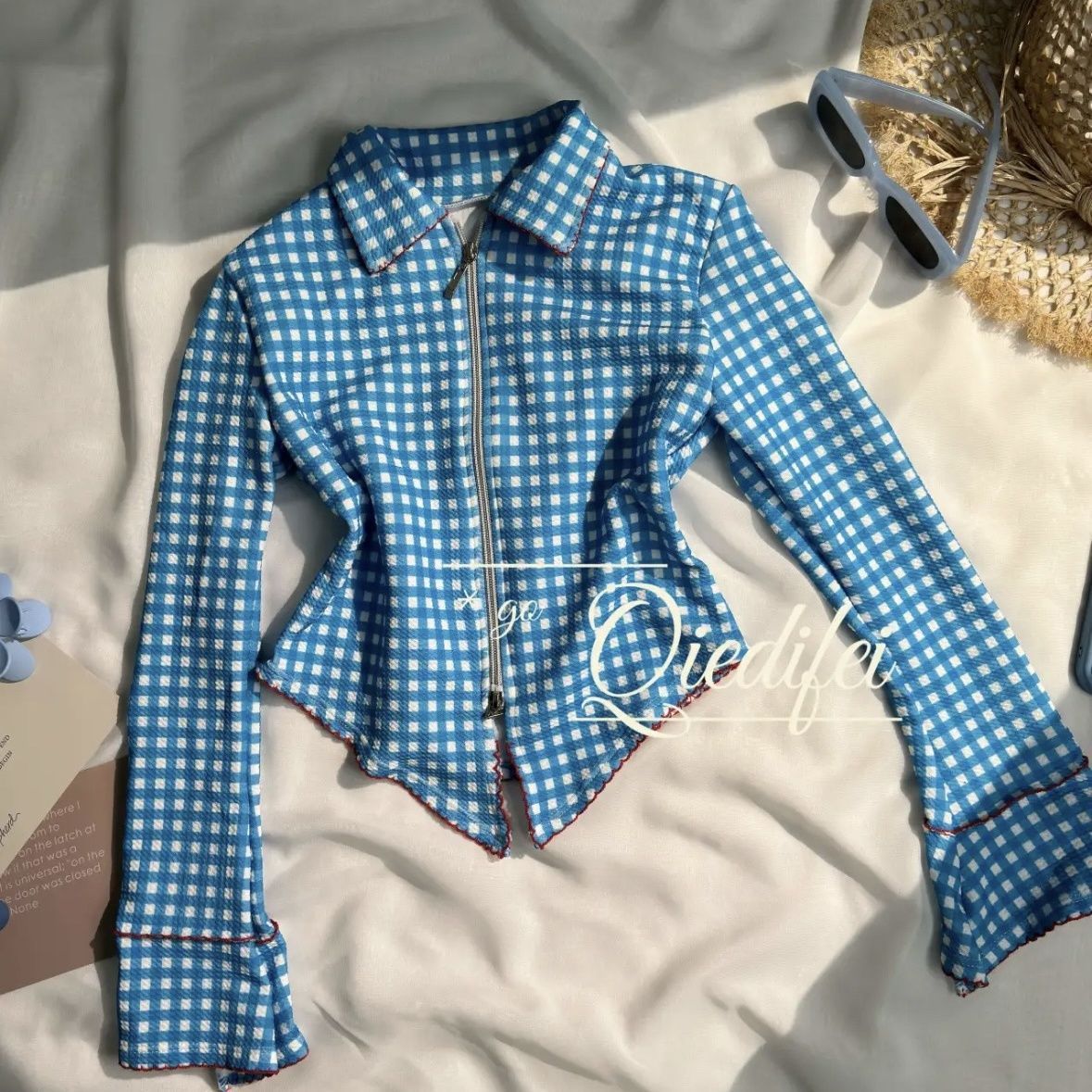 Blue checkered three piece swimsuit set