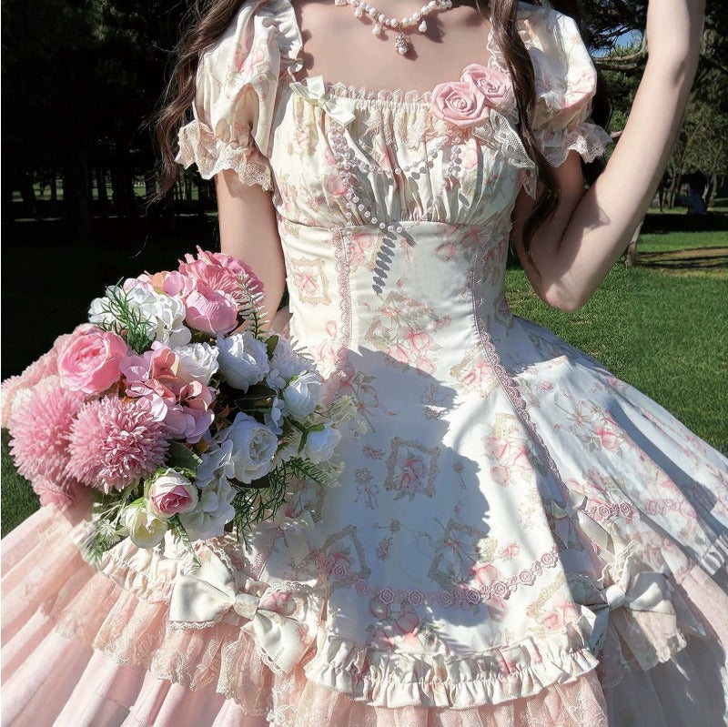 【Morning Mist Rose JSK / OP】 Sweet Gentle Floral Wall Lolita Dress by0998
