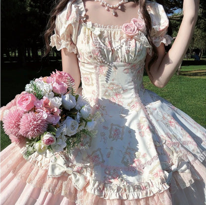 【Morning Mist Rose JSK / OP】 Sweet Gentle Floral Wall Lolita Dress by0998