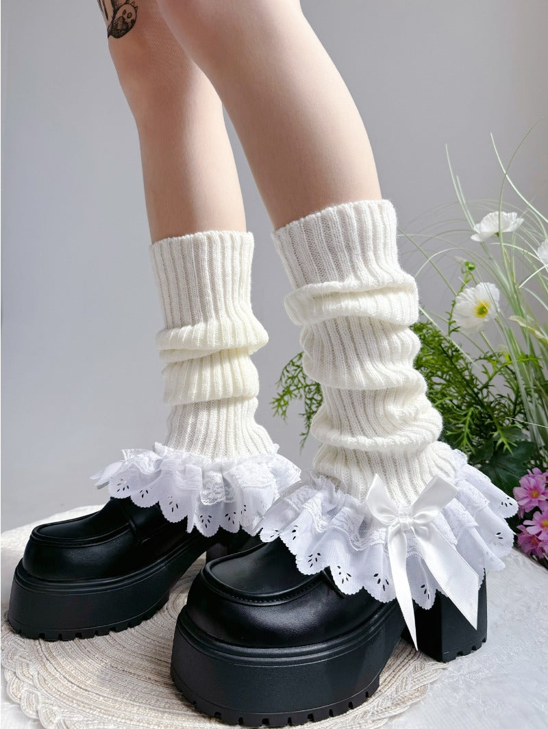 Sweet White Double Lace Mid-Calf Leg Warmers Lolita Winter Socks BY9221